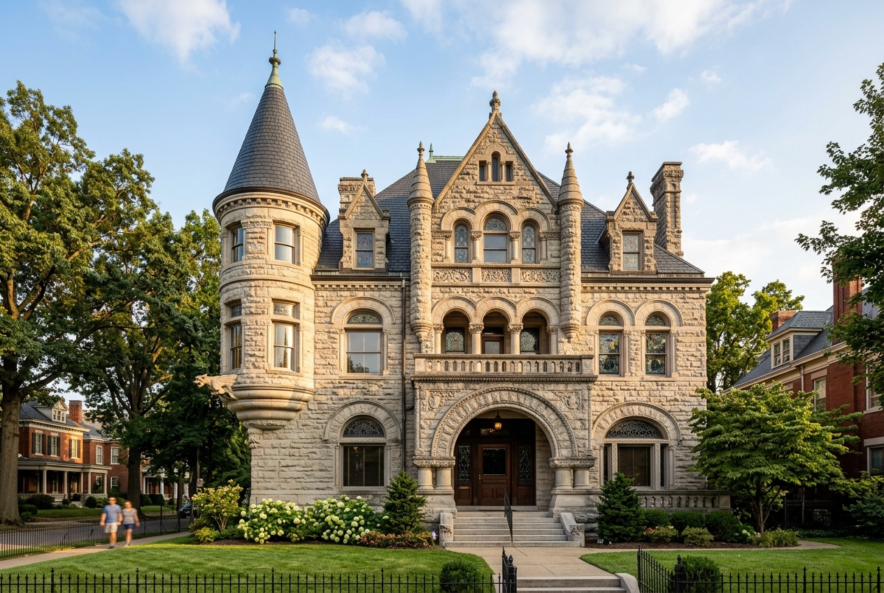 The historic Conrad-Caldwell House, a limestone Richardsonian Romanesque mansion in Old Louisville, Kentucky