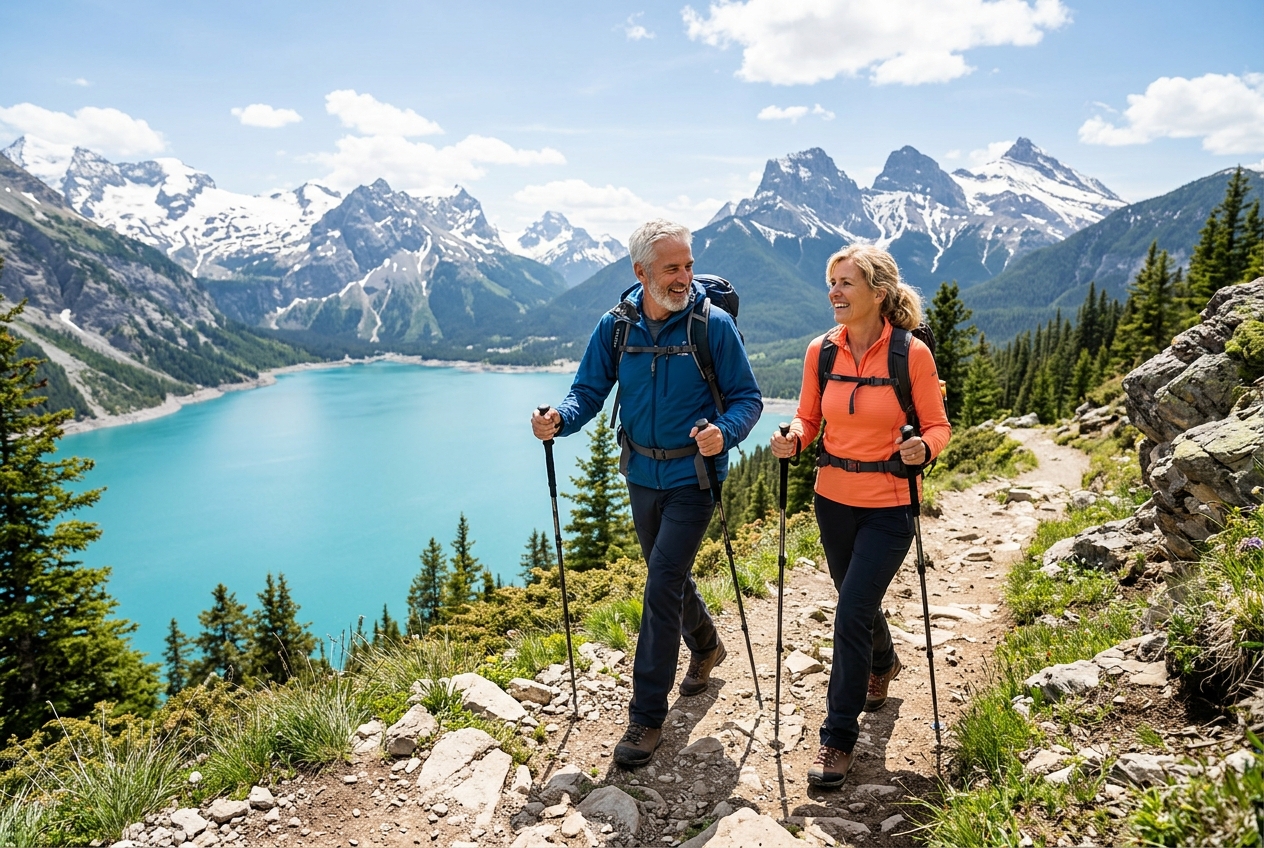 Active mature couple hiking on a mountain trail
