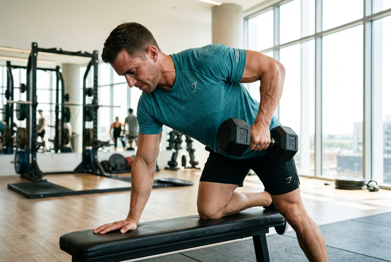 Man doing a dumbbell row in a bright modern gym