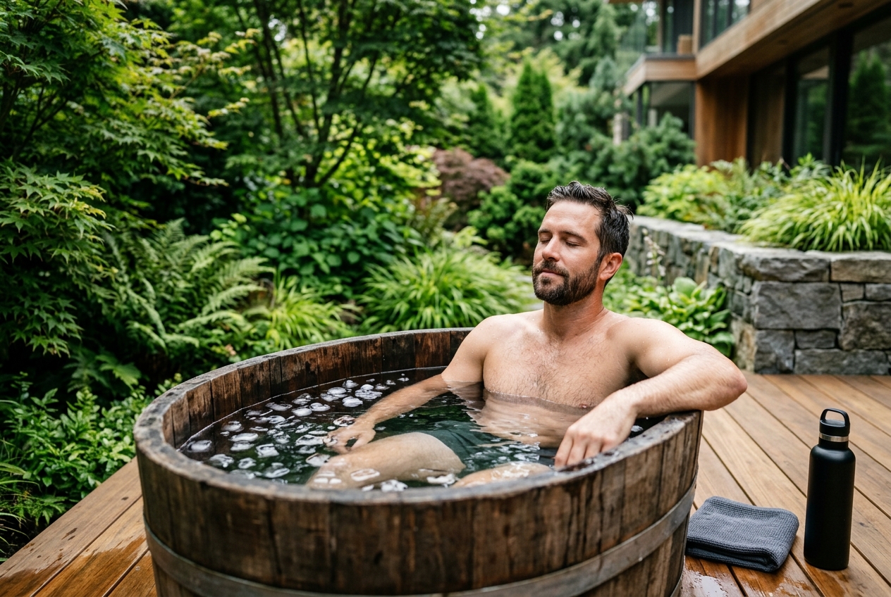 Person in an outdoor cold plunge