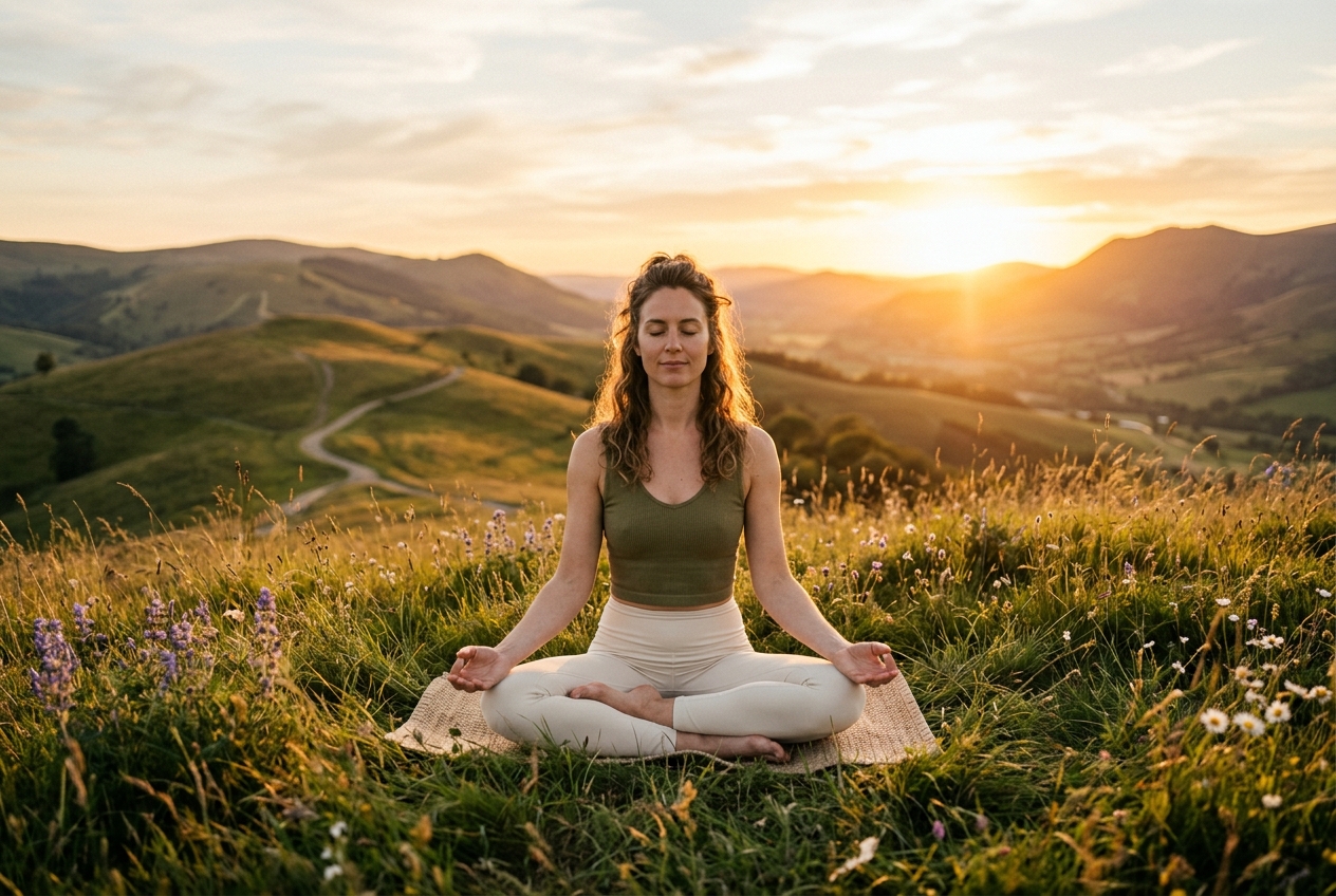 Woman meditating outdoors at sunset