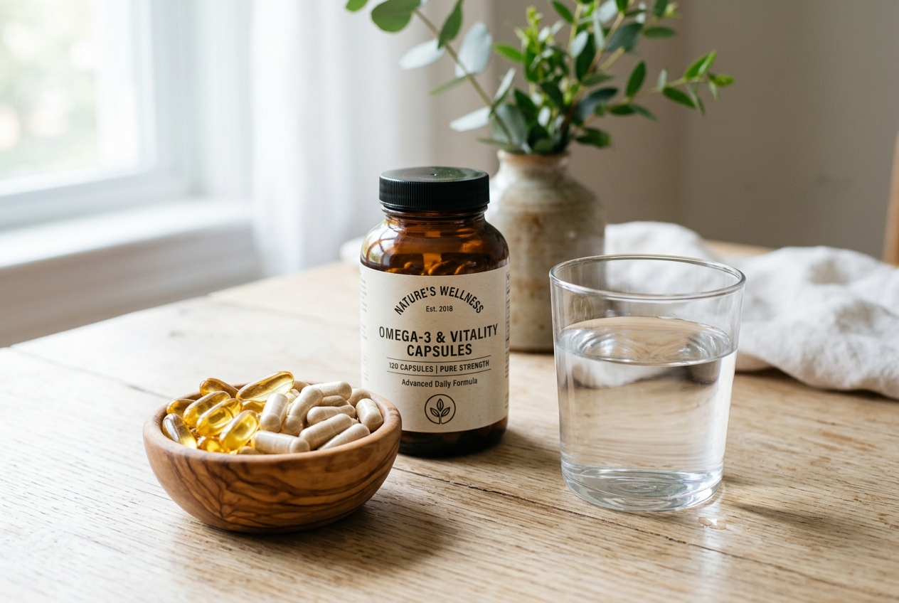 Supplement capsules, bottle and a glass of water