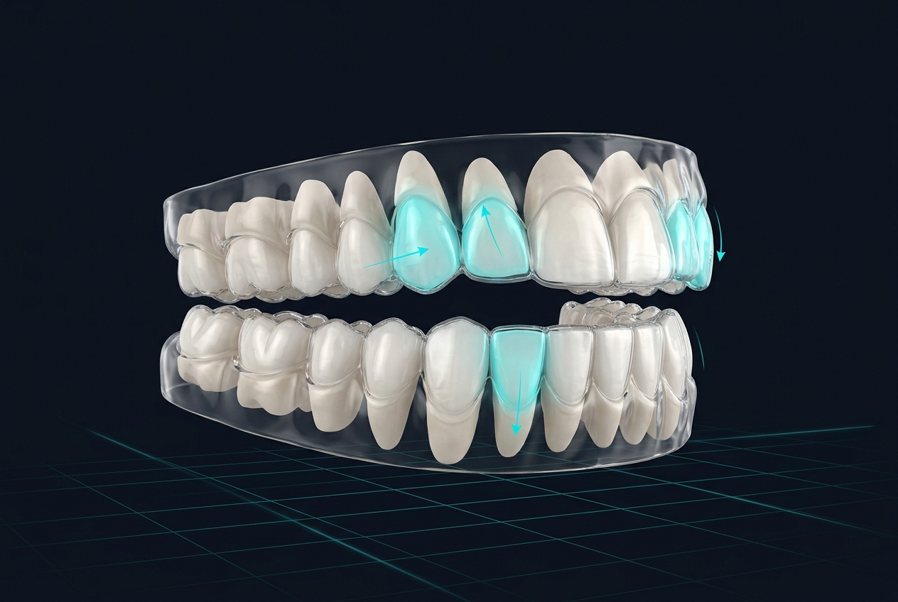 3D treatment plan of upper and lower arches with planned tooth movements highlighted in the OrthoPlaniX viewer