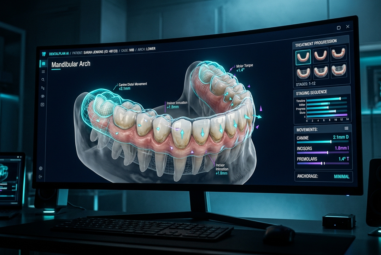 3D clear aligner treatment planning workspace with staging sequence