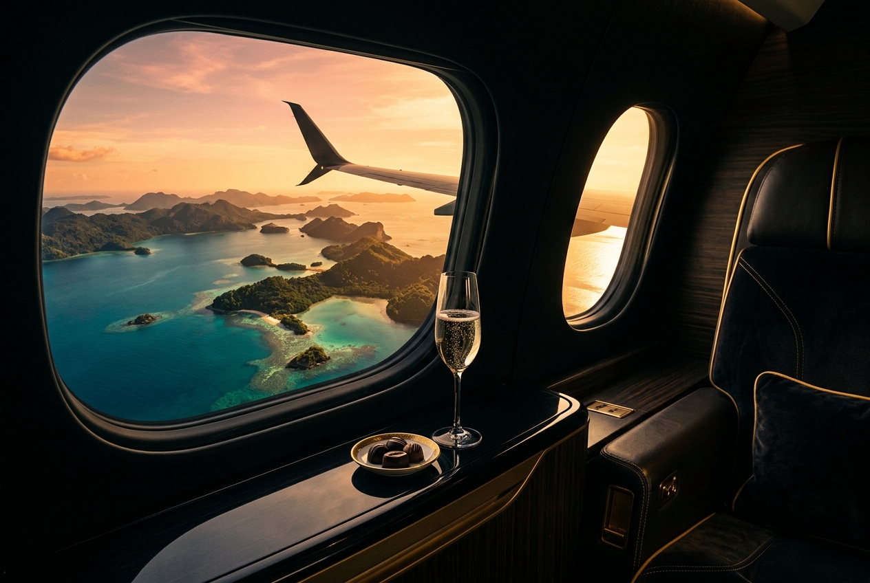 Luxury travel — first class window over tropical islands