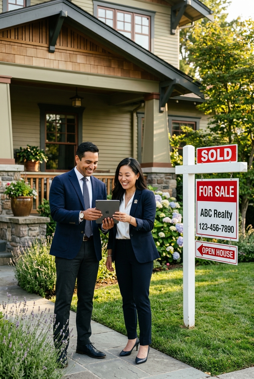 Two agents with a SOLD sign reviewing the transaction hub