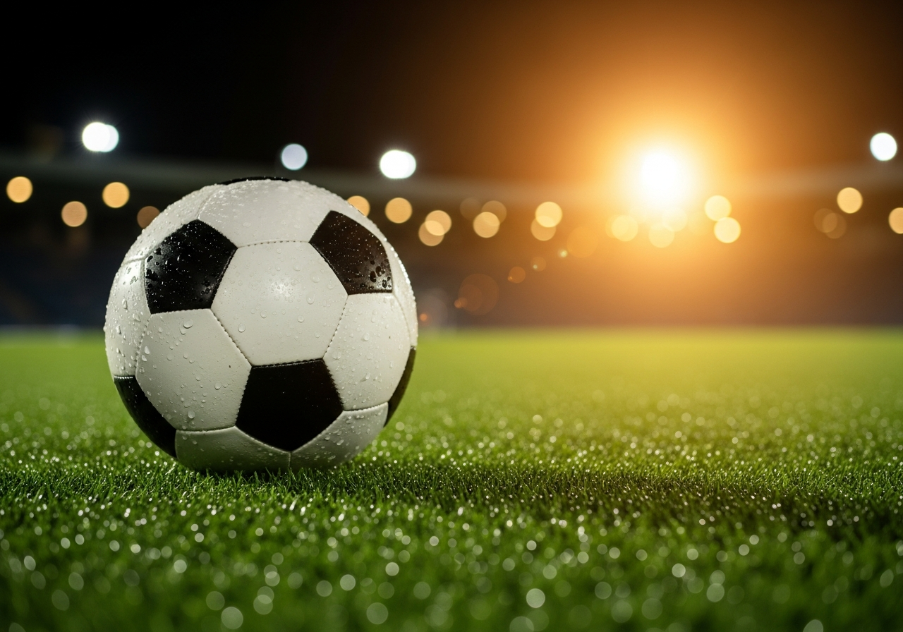 Football on bright green turf with stadium lights