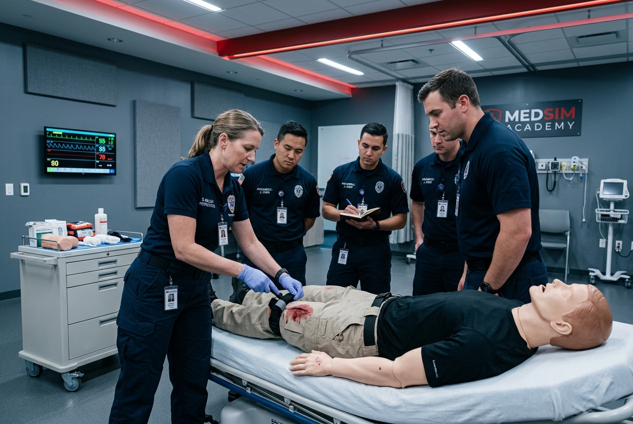 Instructor demonstrating hemorrhage control in a simulation center
