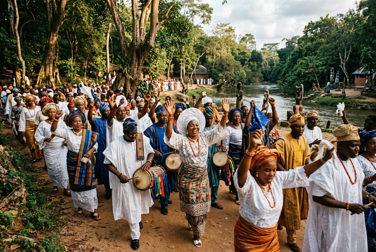 A Yorùbá festival procession of devotees in white by a sacred river
