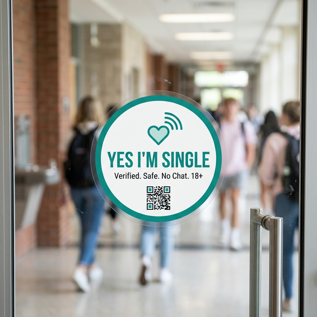 Yes I'm Single window decal mockup in a university hallway