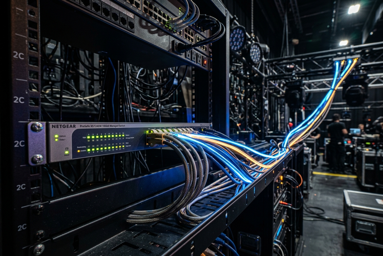 A lighting network switch with glowing data cables backstage