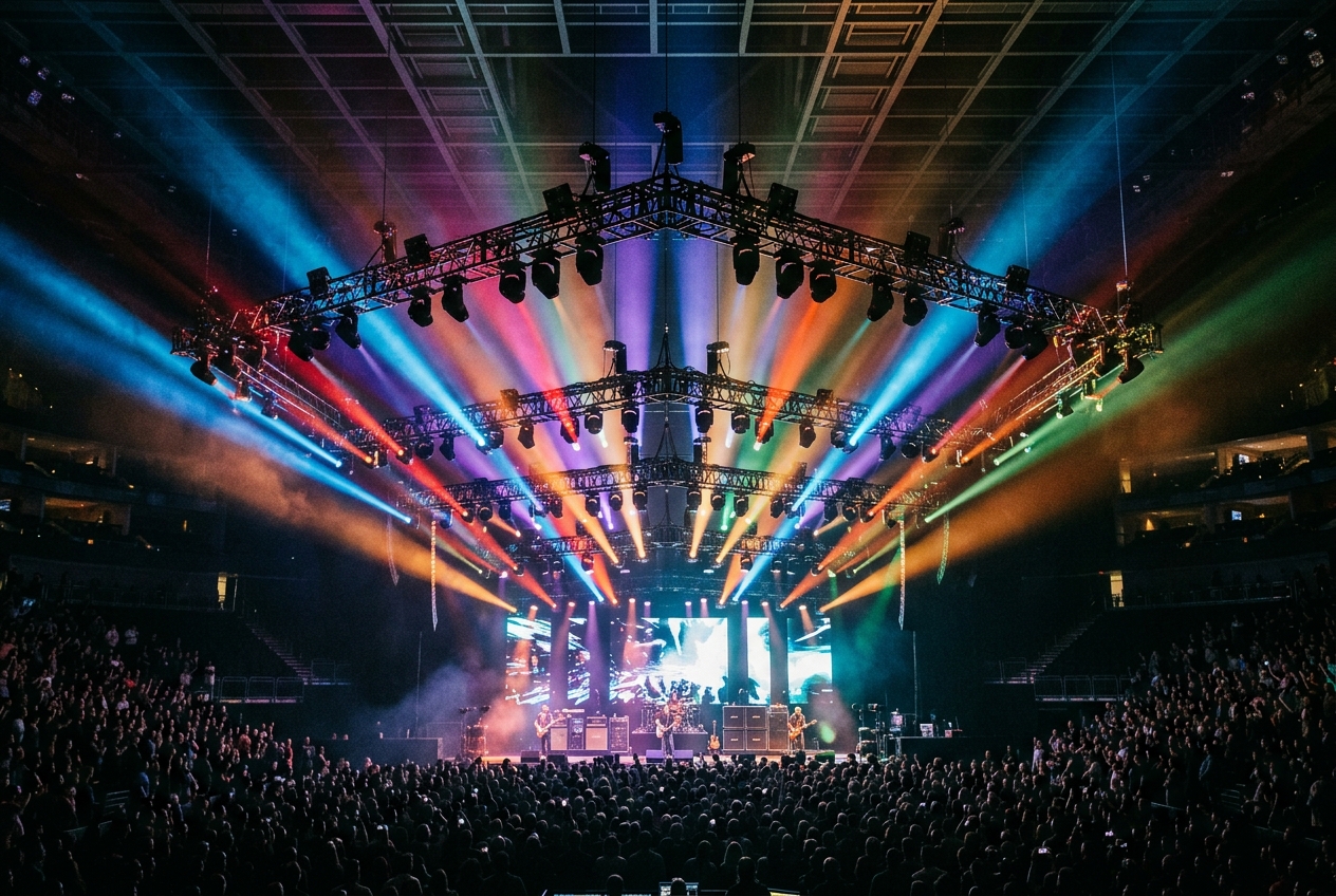A large concert lighting truss rig with beams fanning through haze