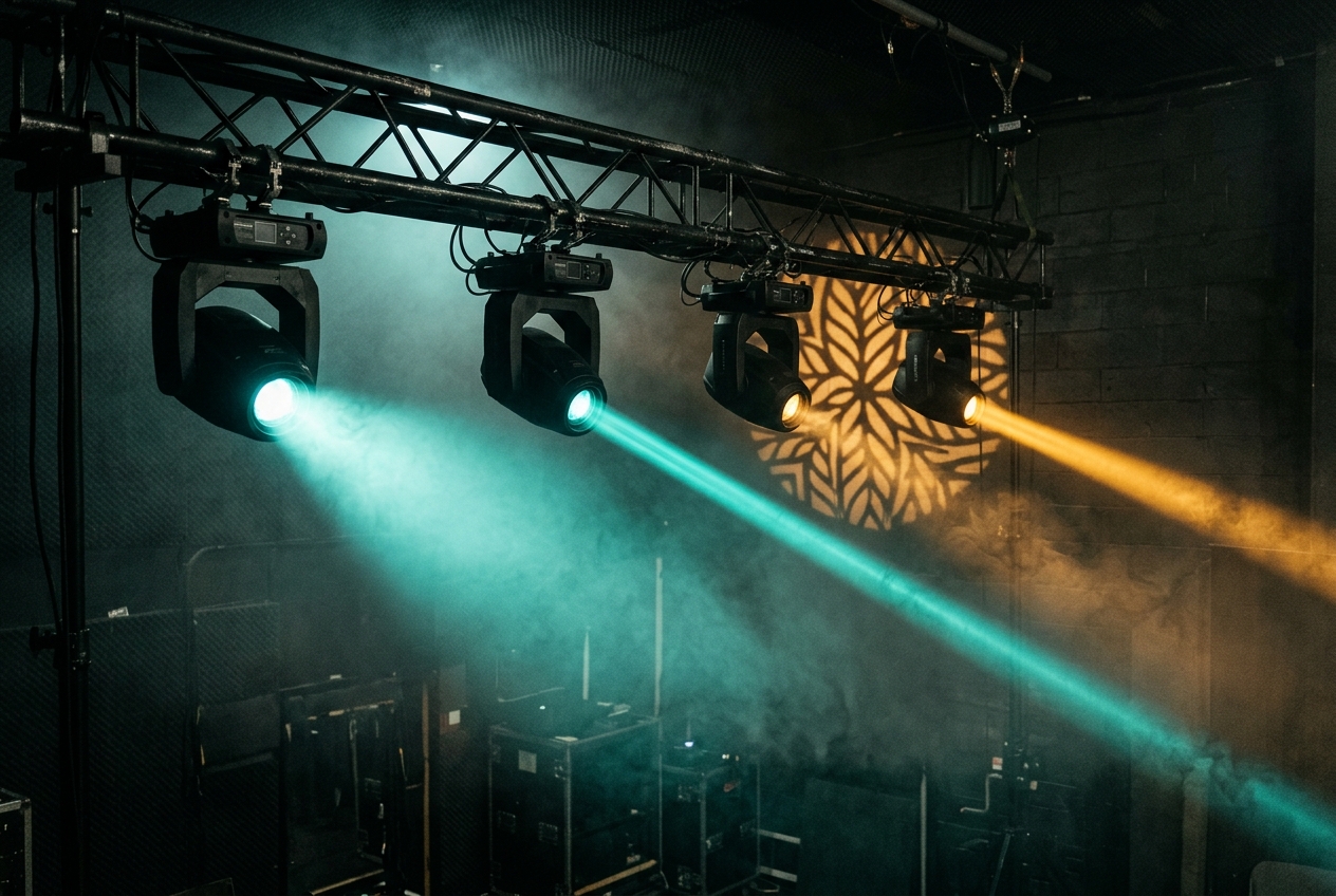 Stage fixtures casting wash, beam and gobo spot through haze