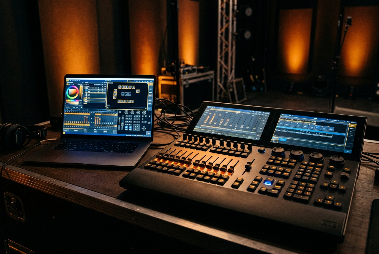 A laptop running lighting software beside a hardware lighting desk