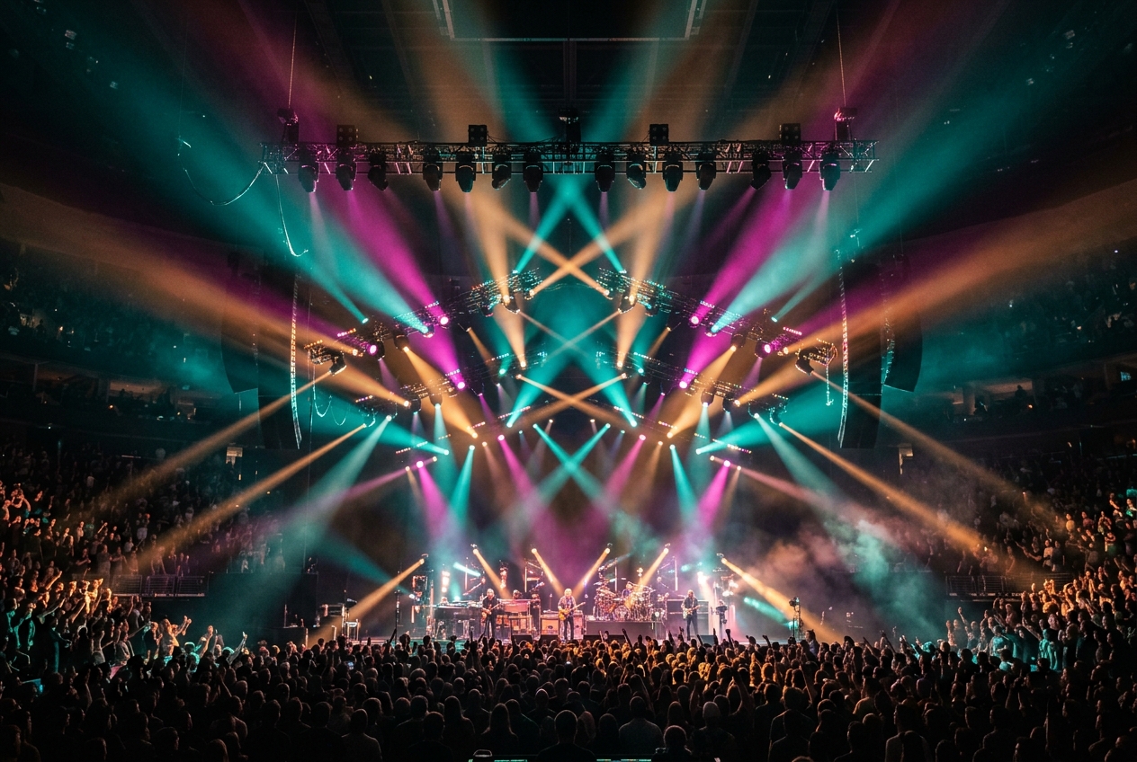 A colourful stage lighting rig with crossing beams through haze