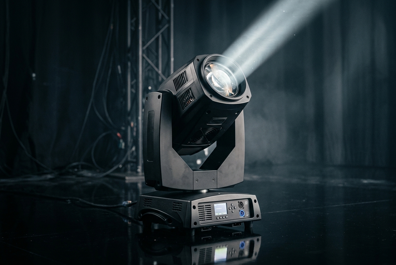 A professional moving-head stage fixture showing its base, yoke arms and lens, casting a beam through haze