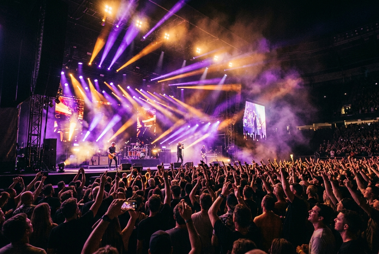 A concert crowd with stage light beams reacting to the music