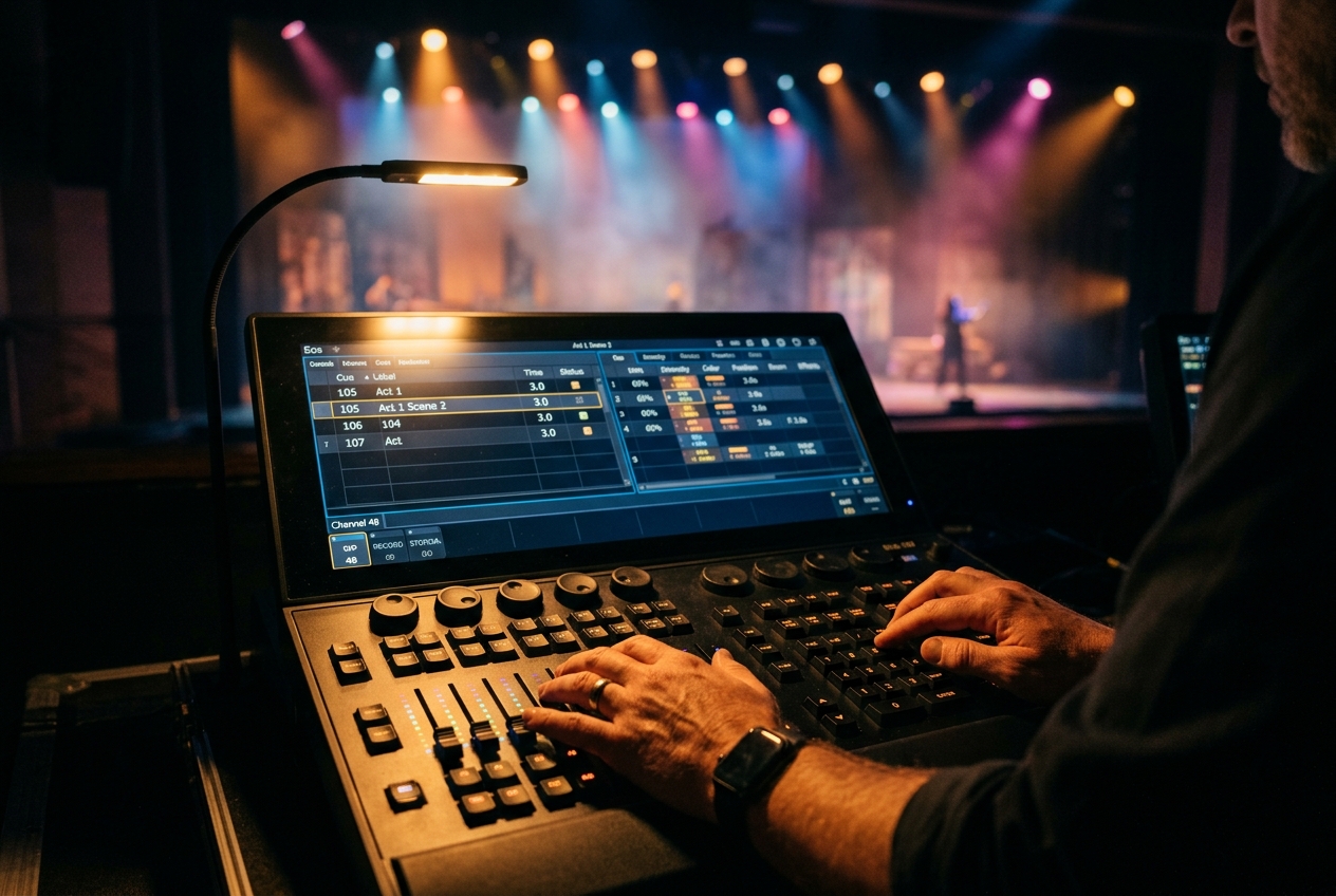 A lighting designer programming cues on a console