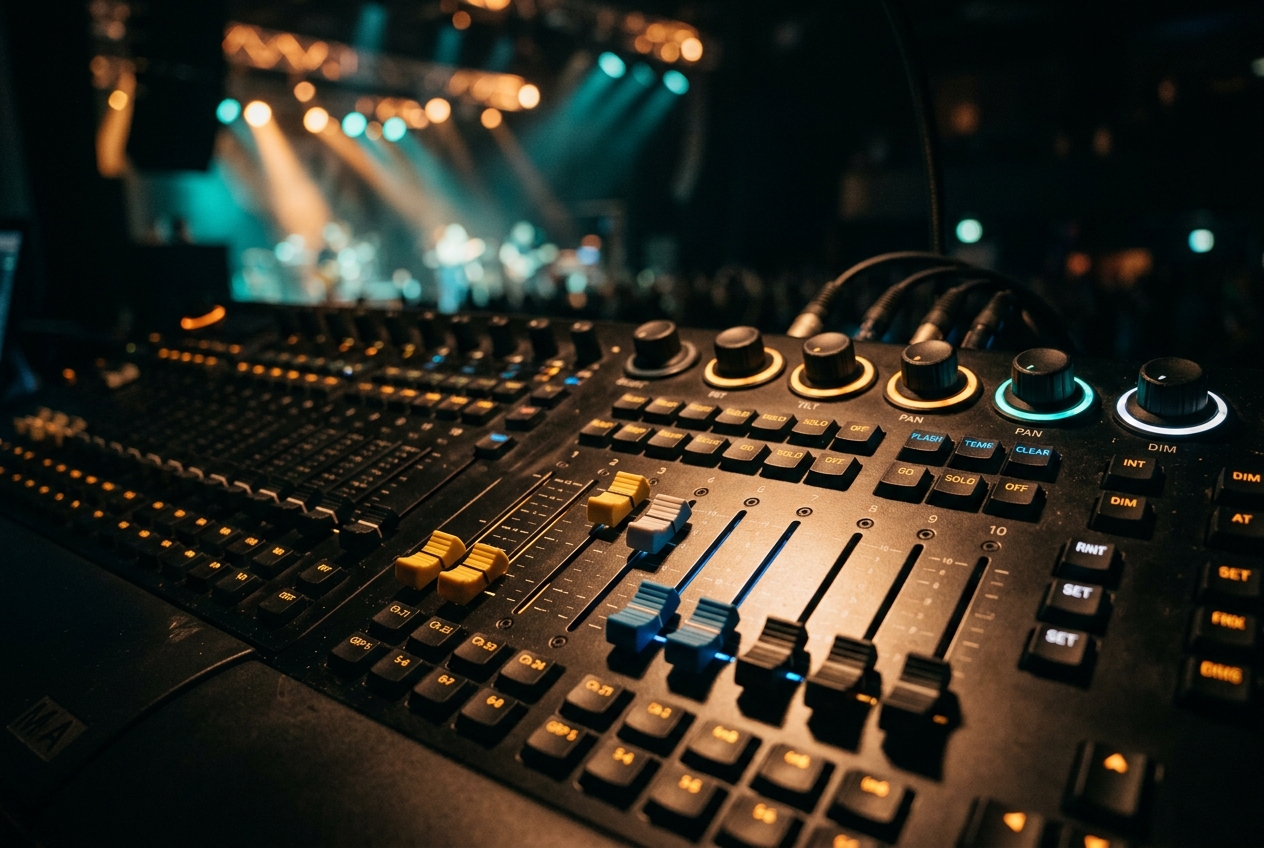 A professional stage lighting control console with glowing faders