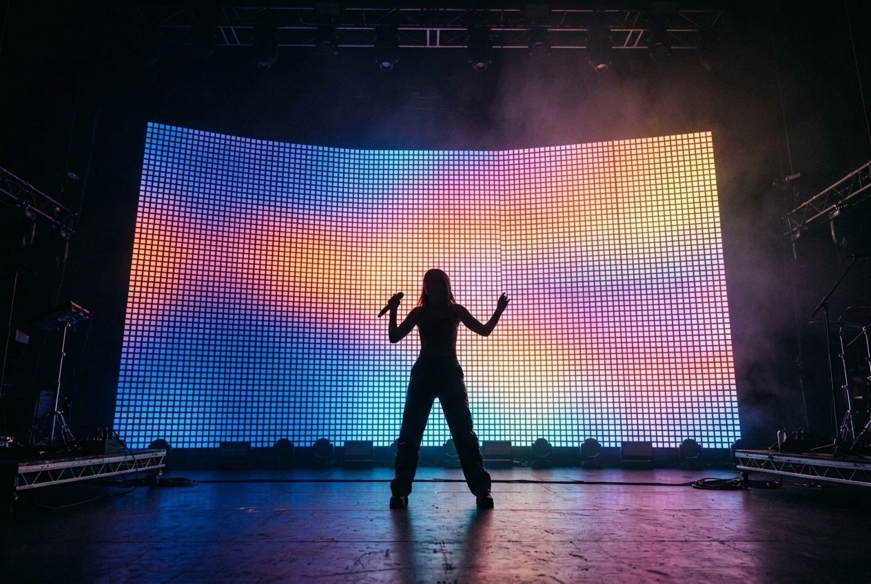 A large LED pixel wall displaying a colourful gradient with a performer silhouette