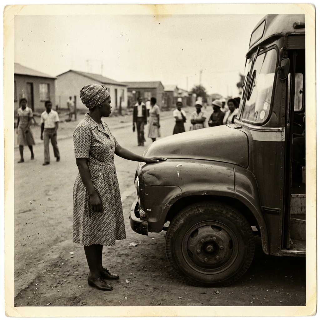 A demonstration photograph in period style: a woman in 1970s dress stands beside a 1974 Bedford bus, her face turned away, her hand flat on the bonnet.