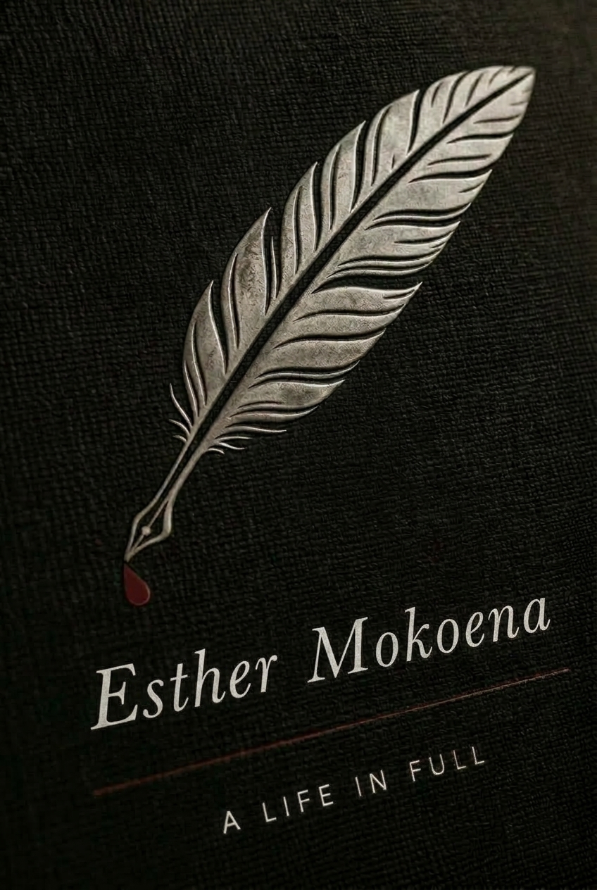 Esther Mokoena, A Life in Full: the aged-pewter feather quill on the linen cover, in close