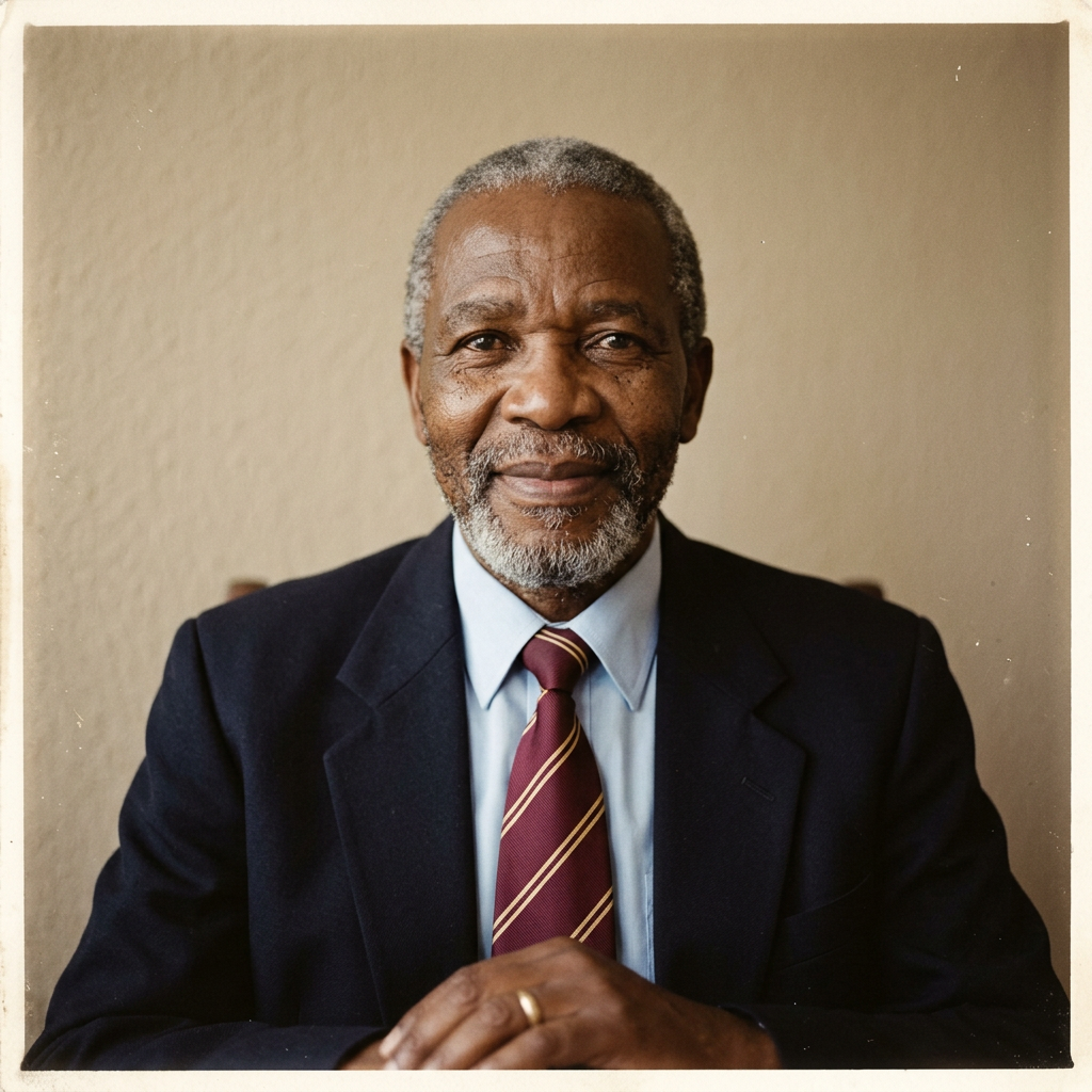 A demonstration obituary portrait: a dignified older man in a jacket and tie, looking warmly to camera against a plain background.