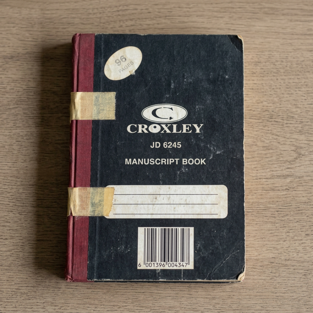A 1976 black hardcover Croxley book, closed and aged, its red spine mended twice with strips of surgical tape, its corners softly worn.