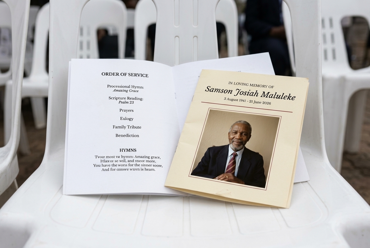 A Final Tribute leaflet, printed on antique paper, resting as a loose insert on an open white funeral programme on a chair at the service