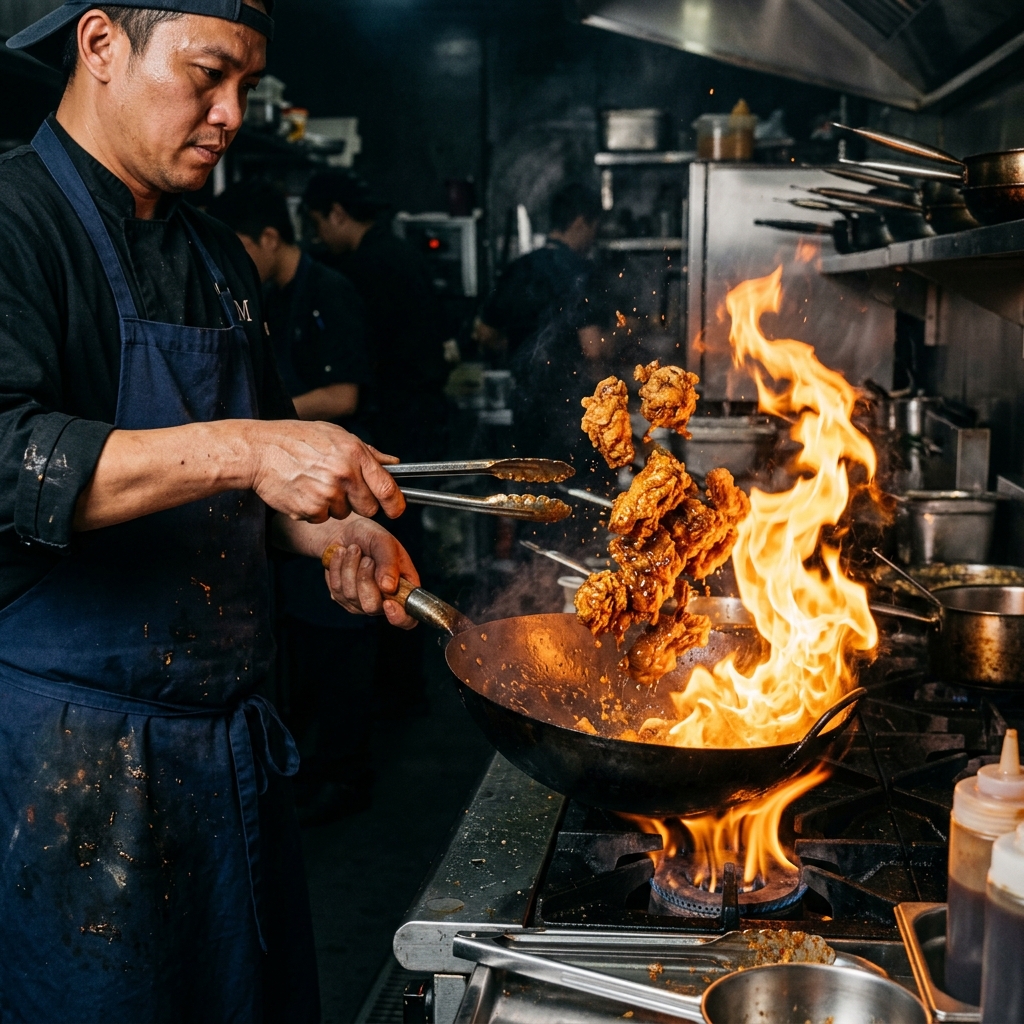 FRY BOXX chef tossing chicken over open flames