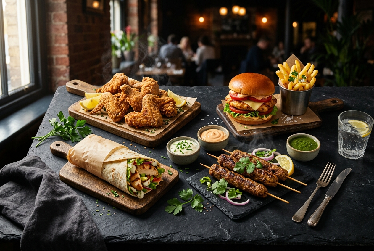 FRY BOXX spread of crispy fried chicken, burger, roll, kababs, fries and dips