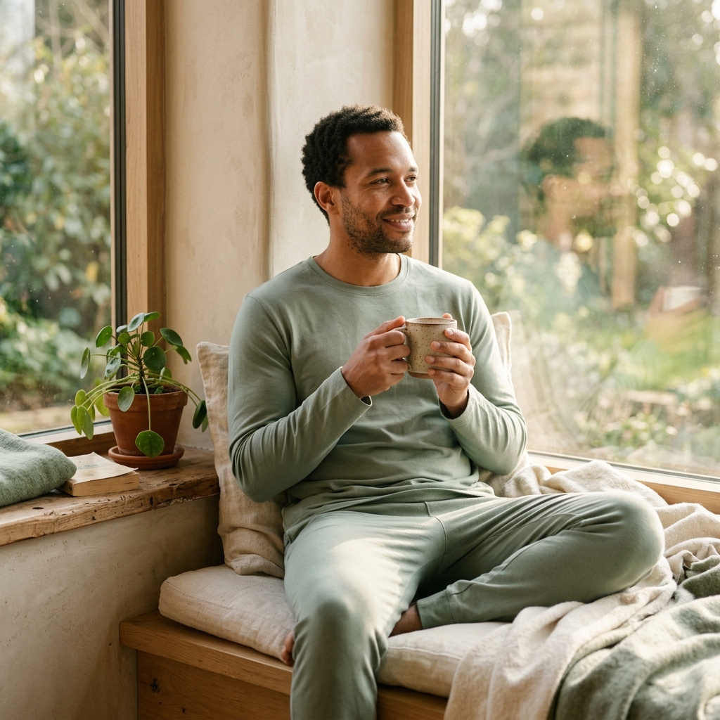 A man feeling calm and light with a warm cup of tea