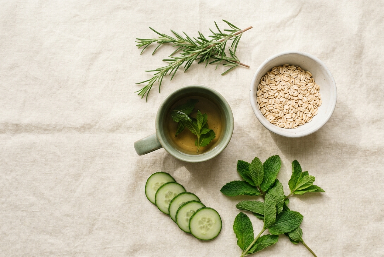 Gut-friendly foods: mint tea, cucumber, oats and herbs
