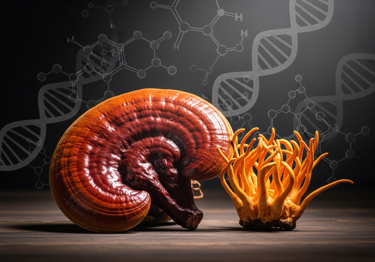 Reishi y Cordyceps: los dos hongos medicinales con mayor investigacion oncologica, con estructuras de ADN de fondo