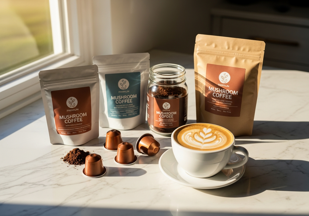 Distintos formatos de cafe con Ganoderma disponibles en el mercado: sobres, capsulas, polvo y latte