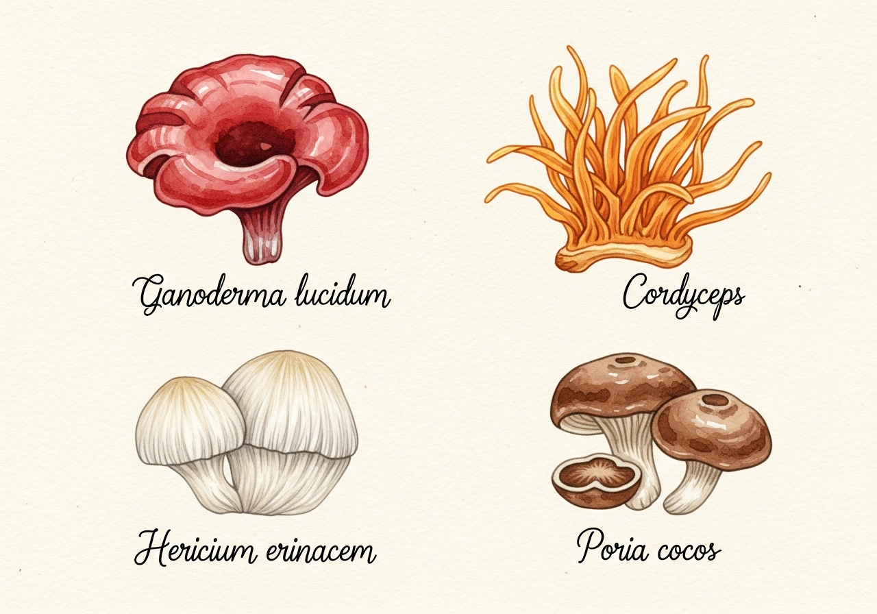 Los cuatro hongos medicinales protagonistas de la micoterapia para la menopausia: Reishi, Cordyceps, Hericium y Poria cocos
