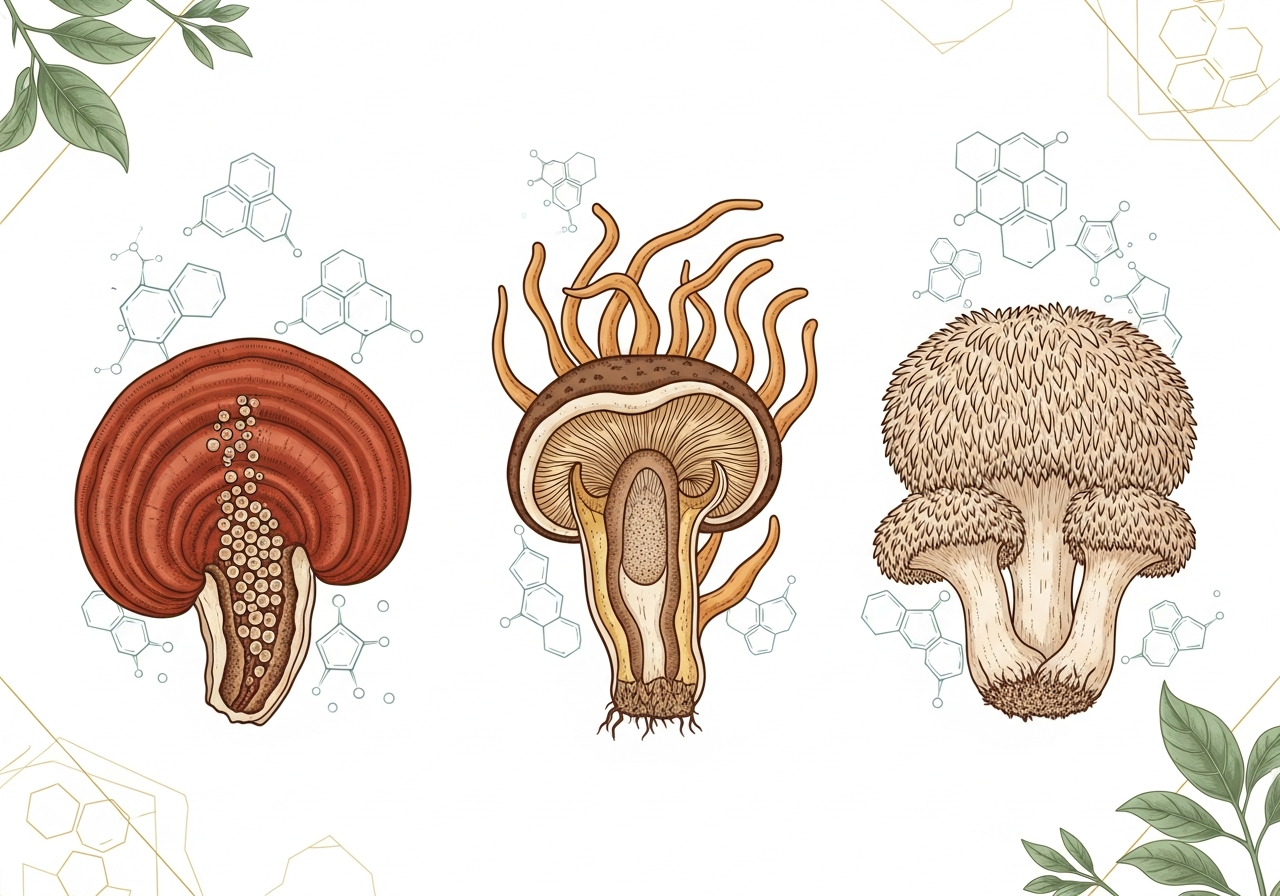 Ilustración botánica-científica de las estructuras moleculares y la anatomía de los hongos medicinales