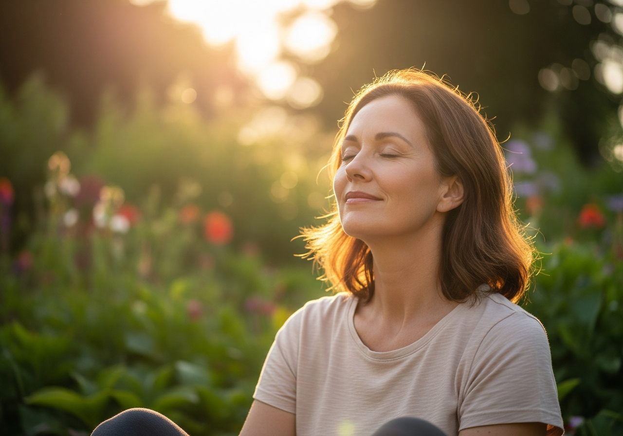 Mujer madura disfrutando de bienestar y serenidad: el objetivo de la micoterapia en la menopausia