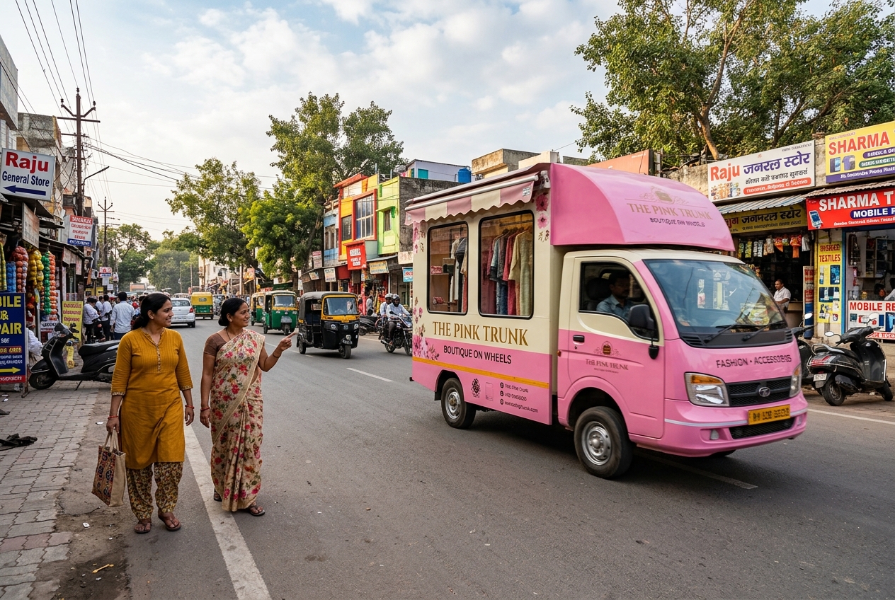 Pink Suvikka mobile outlet travelling through a semi-urban Indian road