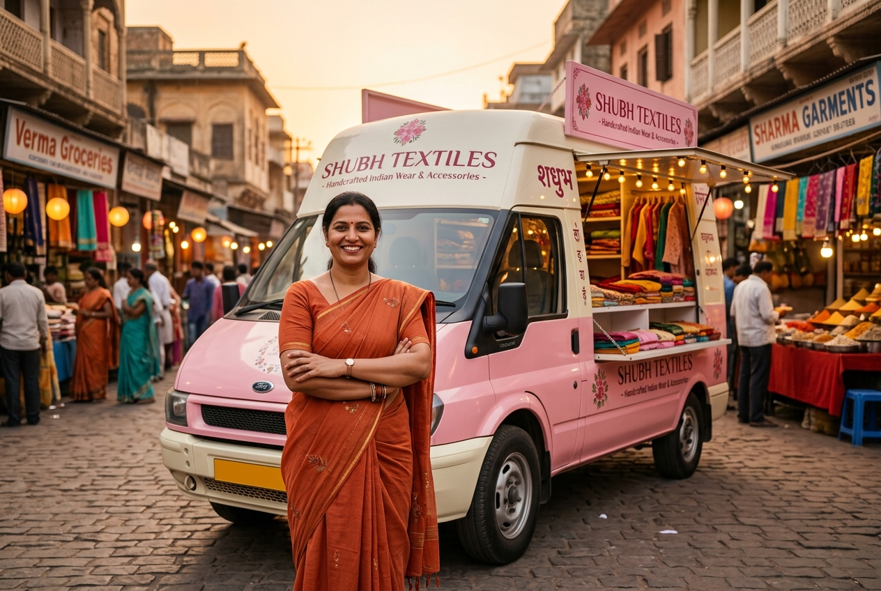 Confident Indian woman entrepreneur outside her Suvikka mobile outlet