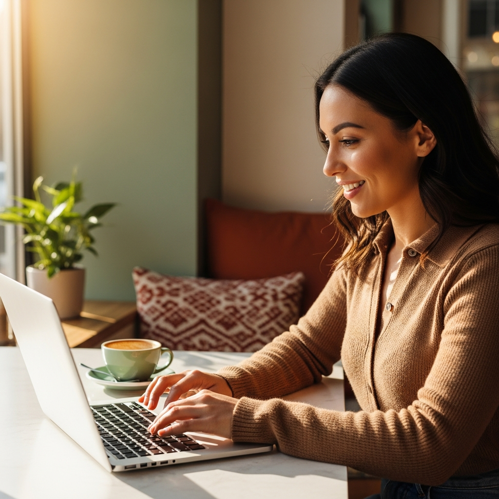 Woman working at a laptop with coffee