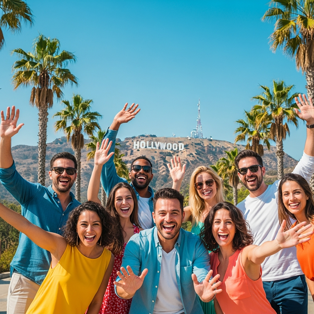Tourists smiling at Hollywood Sign