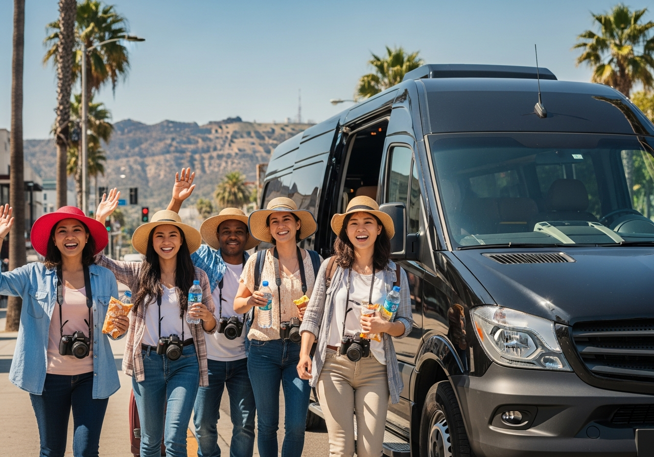 Mercedes Sprinter luxury van with excited tourists ready for Las Vegas to Hollywood tour - cameras, sun hats, and snacks ready
