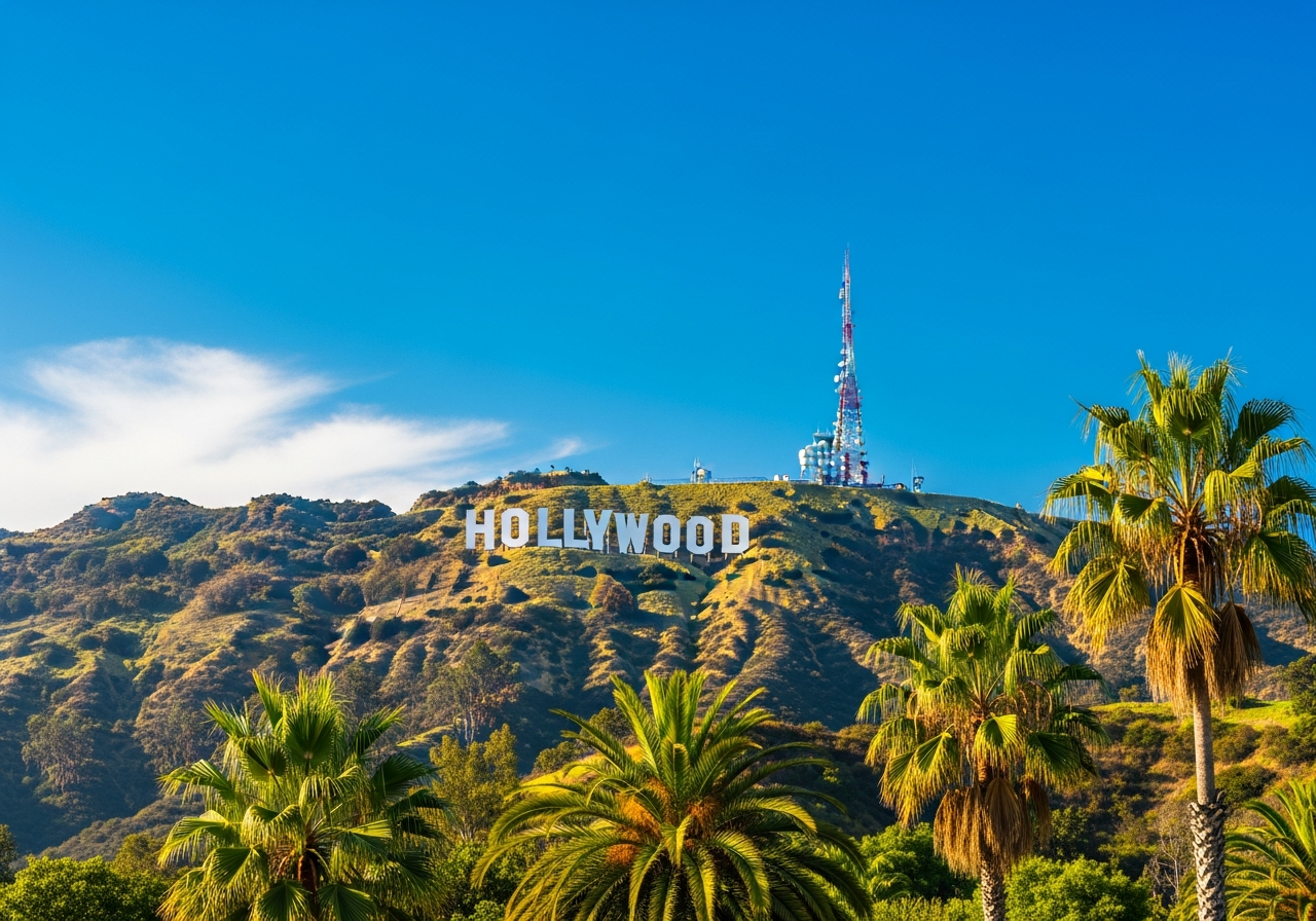 Vibrant Hollywood Sign with palm trees against blue California sky - Las Vegas to Hollywood Tour