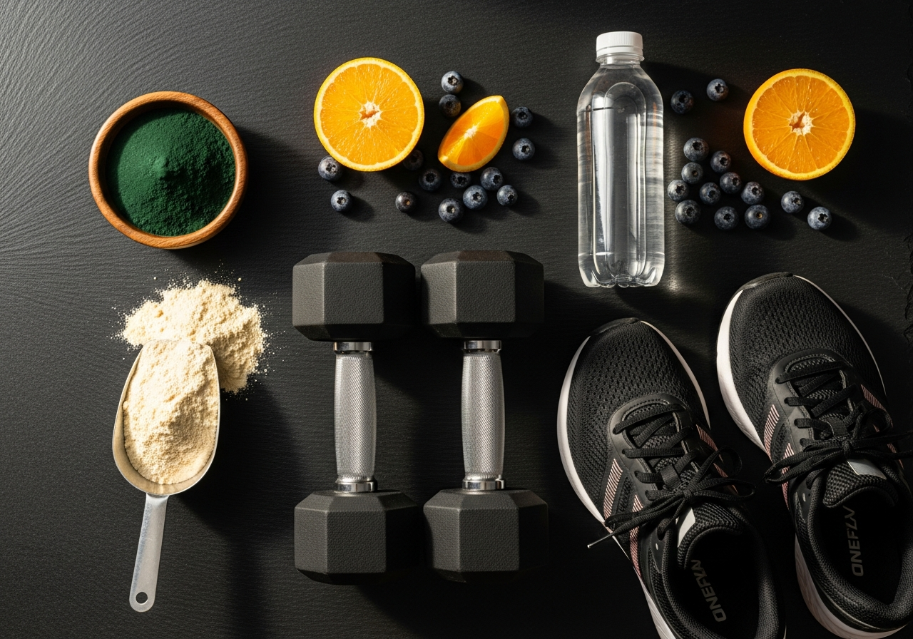 Combinacion Espirulina + Whey Protein: la sinergia deportiva mas potente — polvo verde de Espirulina junto a proteina de suero, mancuernas y frutas frescas