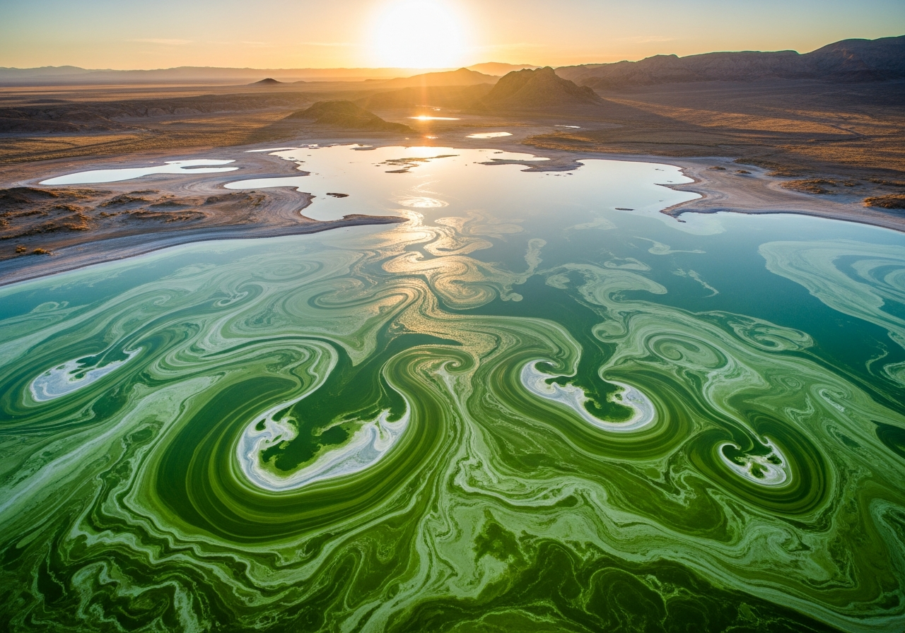 Espirulina en su habitat natural: lago alcalino donde crece esta microalga extraordinaria con 3.500 millones de anos de historia evolutiva