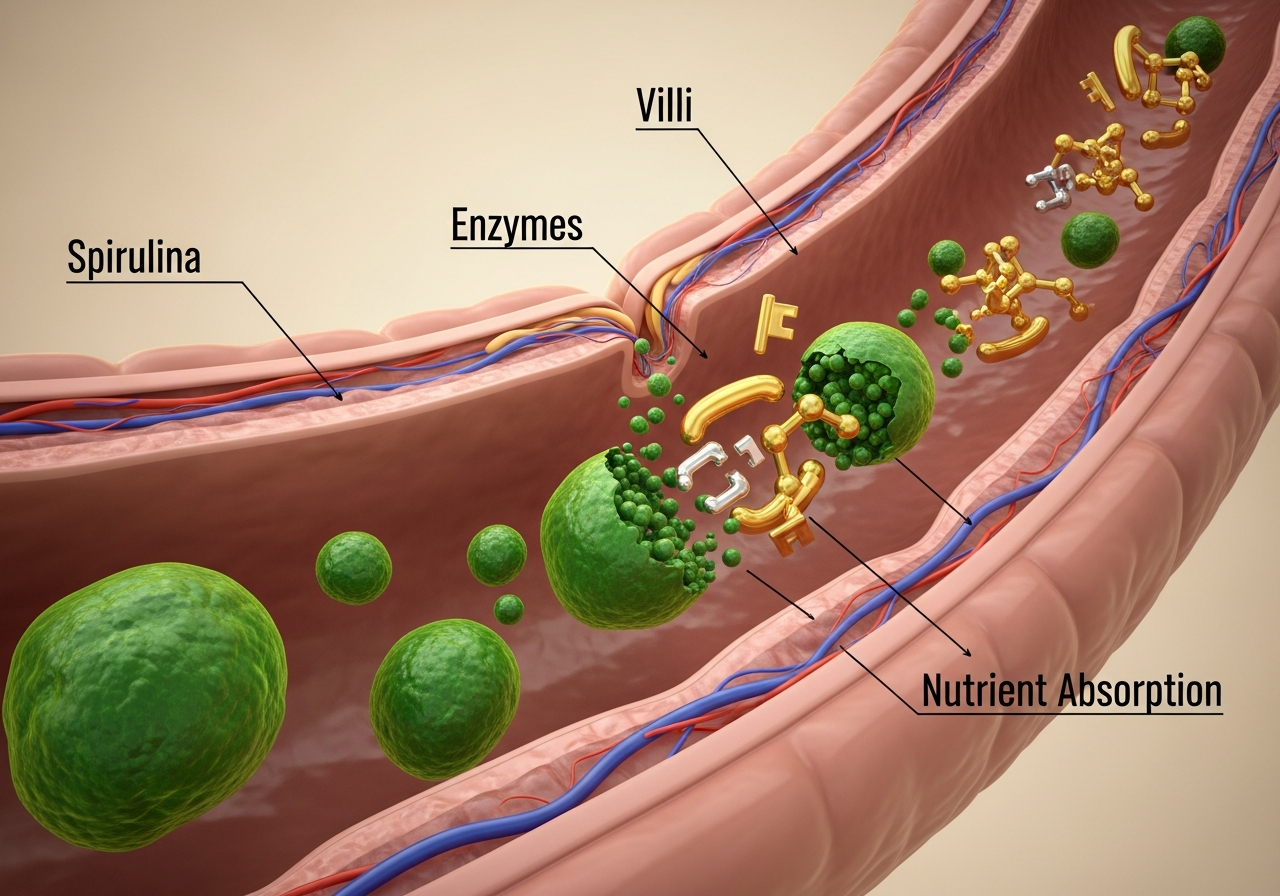 Proceso de digestion y absorcion de la Espirulina: las enzimas descomponen los nutrientes que son absorbidos a traves de las vellosidades intestinales con una biodisponibilidad del 85-95%