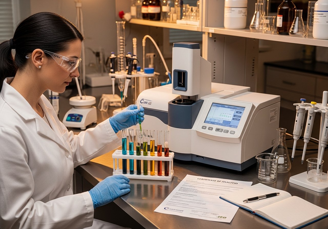 Analisis de laboratorio: investigadora analizando muestras de Espirulina para detectar metales pesados y contaminantes
