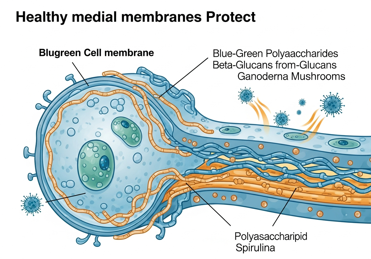Barrera celular protectora: los polisacaridos de la Espirulina y los beta-glucanos del Ganoderma refuerzan la membrana celular bloqueando la penetracion viral