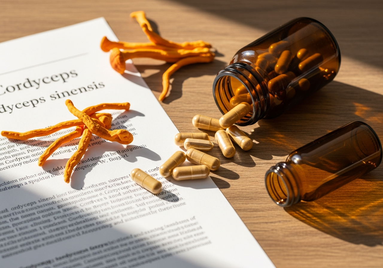 Protocolo de Cordyceps: capsulas de suplemento junto a documentacion de investigacion cientifica